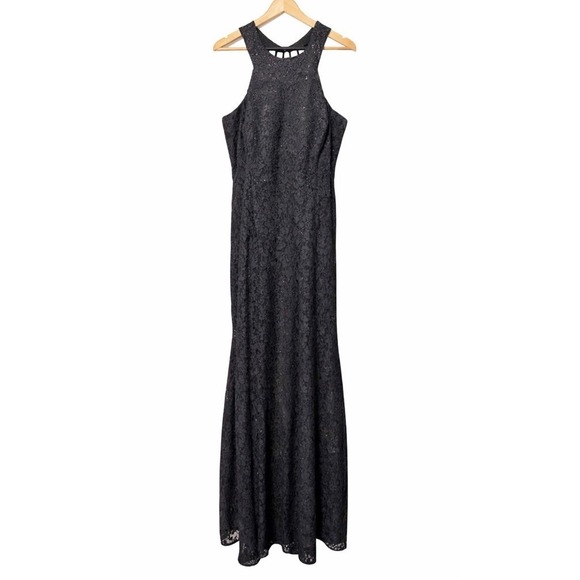Morgan & Co Black Sequin Lace Halter Maxi Gown Strappy Back Womens 16W - Picture 3 of 12
